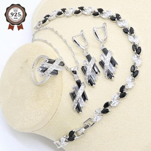 Black White Zircon Silver Color Bridal Jewelry Set for Women Bracelet Earring Necklace Pendant Ring Gift Box