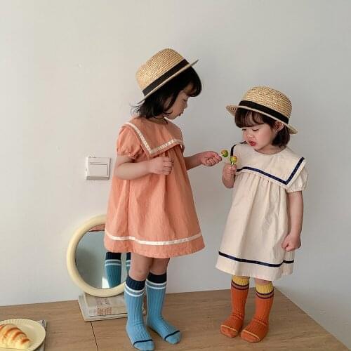Girl Child Dress 2021 Summer New Sweet Korean Solid Color Lapel A-line Skirt Short Sleeve Skirt