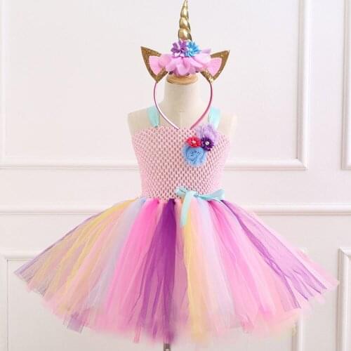 Kids Girls Unicorn Tutu Dress Knee-Length Pastel Rainbow Flower Girl Birthday Party Dress Up Fancy Halloween Unicorn Costume 2pc