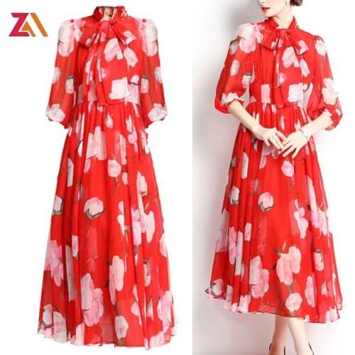 ZALady designer runway beach Bohemia midi long dresses for women elegant half sleeve bow party evening red dress vestidos mujer