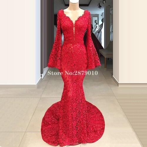 Elegant Red Mermaid Evening Dress Floor-Length Prom Dress Lace Robe De Soiree Aibye Dubai коктейльные платья 2020 Formal Dress