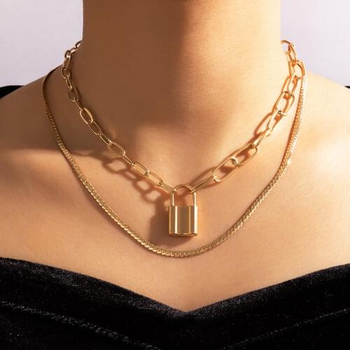 HuaTang Vintage Gold Color Lock Pendant Necklace for Women Punk Multilayered Cuban Chains Necklace Trendy Jewelry Party Gift