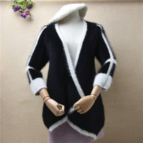 Ladies women fashion black hairy plush Autumn Winter mink cashmere v-neck loose cardigans mantle angora fur jacket coat sweater