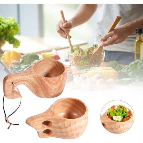 Finland Kuksa Portable Coffee Mug, Juice Milk Cup with Rubber Wooden Handle, Two-Hole Cowhide Rope Hook Wood