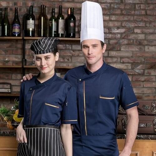 Summer Short Sleeve Cook Jacket Inclined Collar Chef Uniforms Women Men Housewife Cooking Clothing Restaurant Cafe Food Service