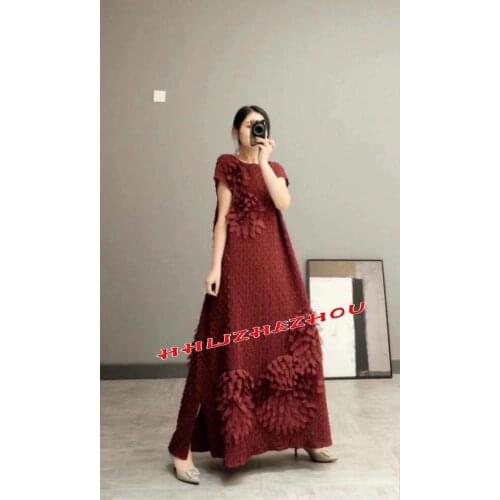 HOT SELLING fashion fold in the womens long pure color dress o-neck short sleeve applique long dress IN STOCK