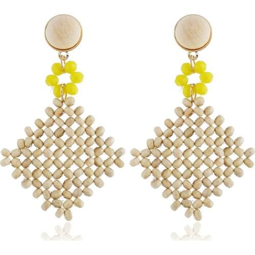 Fashion Personality Creative Crystal Hollow Flower Earrings Hand-knitted Womens Wood beads Rhombus Cutout Pendants Earrings