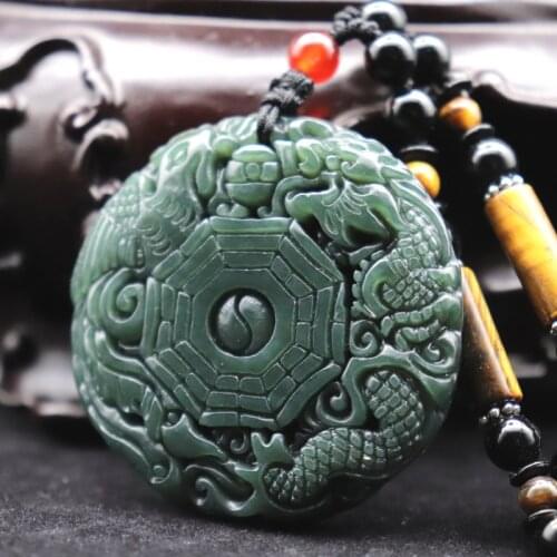 Natural Green Hetian Jade Qingyu Hand Carve Dragon Phoenix Pendant Chinese Yinyang Bagua Amulet Pendants Necklace For Men Women