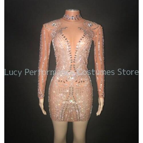 New bright silver diamond transparent sexy dress birthday party mesh stage clothing nightclub singer performance clothing