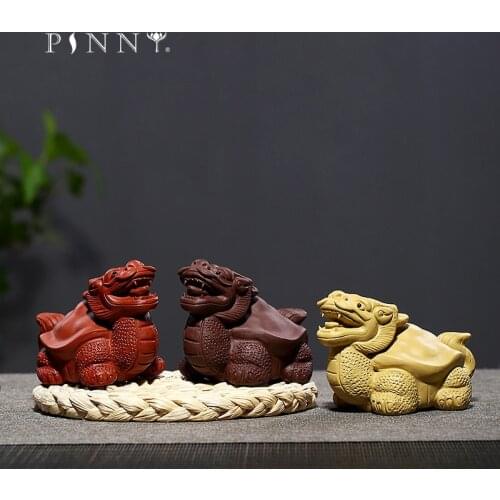 PINNY Yixing Purple Clay Dragon Tortoise Tea Pet Mascot Tea Room Decoration Statues Tabletop Handcrafts Ceramic Ornaments