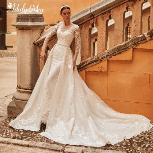 Glamorous Appliques Detachable Train Lace Mermaid Wedding Dress 2021 Luxury Scoop Neck Beading Long Sleeve Princess Bridal Gown