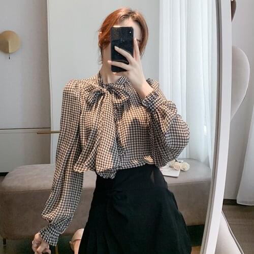 Bow tie shirt long sleeve 2020 autumn and winter temperament houndstooth fluttering wide loose chiffon top blouse