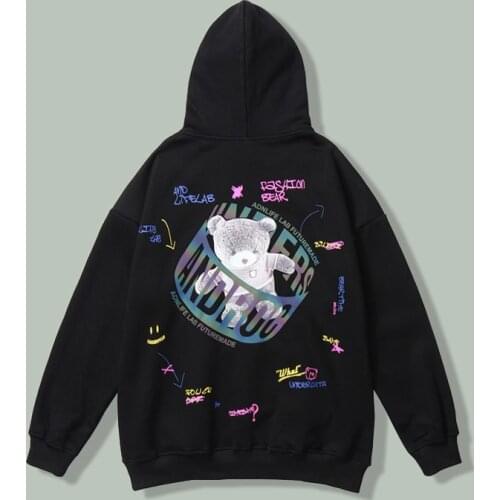 Laser Reflective Rubber Cotton Hoodie Sweatshirt Men Hip Hop Little Bear Print Hooded Pullover 2021autumn Thicken Couple Hoodies