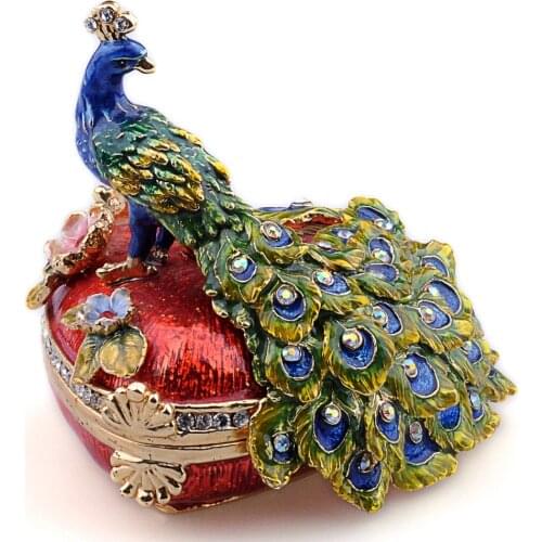 Heart Shaped Crystal Jeweled Peacock Trinket & Box Jewelry Keepsake Pewter Animal Collectible Figurines Gift