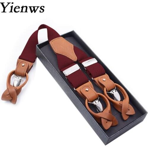 Yienws Mens Braces for Trousers Burgundy Vintage Leather Suspenders for Men 6 Button Pants Strap Suspensorio 125cm YiA059