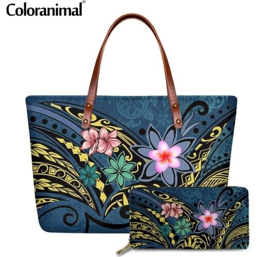 Coloranimal Samoan Hawaiian Polynesian Plumeria Print Women Tote Handbag 2Pcs/Set Shoulder Bag&Wallet Large Crossbody Bag Bolsa