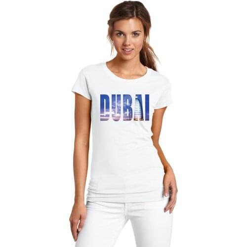 BLWHSA Dubai City View Design Dubai Words Printed T Shirt Summer Harajuku Women/Lady Casual White Short Sleeve T-Shirt Top