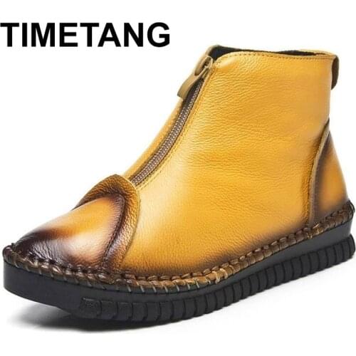 TIMETANG Flat Boots Women Shoes Autumn Winter Fur Fashion Round Toe Genuine Leather Womens Boots Ladies Shoes Large Size 35-43