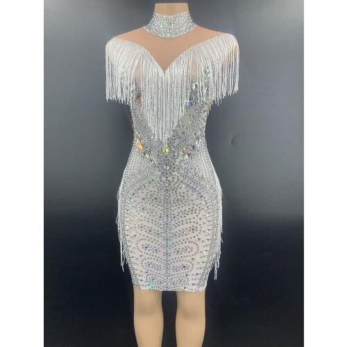 Female Singer Costume Nightclub Rhinestone Fringed Stage Dress Ladies Cocktail Party Eevening Dresses Prom Clothing VDB3744