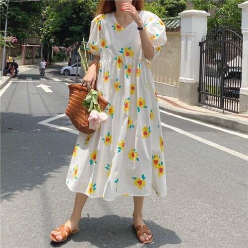 2021 V-neck full flower skirt lightweight cotton high waist puff sleeve long dress women