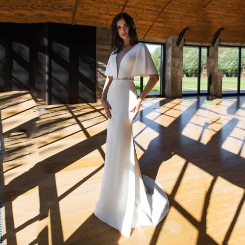 UZN Ivory Mermaid Fitted Satin Bridal Gowns V Neck Turmpet Sleeves Wedding Dress With Beading Belt Vestido De Noche