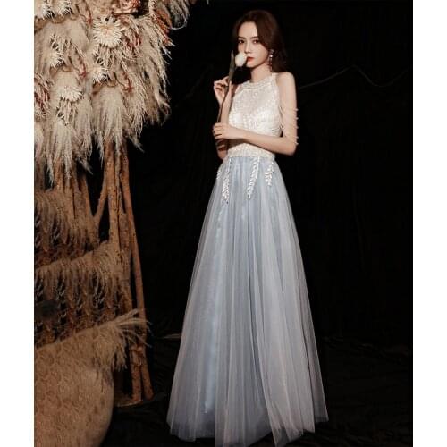 Sequins Appliques A-Line Evening Dress Halter Tassel Sleeveless Empire Floor-Length Luxurious New Woman Formal Party Gowns A1358