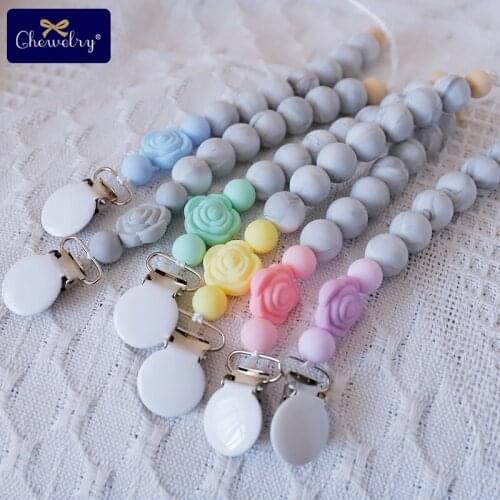 1PC Silicone Pacifier Chain Holder For Nipples Baby Chew Toys Marble Beads Rose Silicone Pearls Wood Beads Holder LetS Make