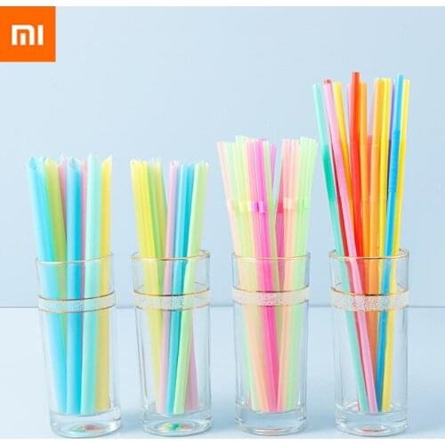 100/200 Xiaomi Disposable Plastic Drinking Straws Multi-Color Striped Bendable Elbow Beverage Straws Birthday Celebration Party