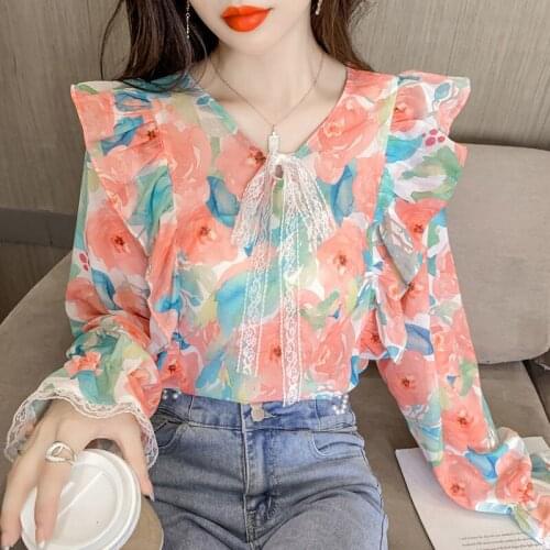 Blouses Autumn New 2021 Blouse Solid Color V-neck Long Sleeve Lace Chiffon Japanese Style Fashion Simplicity Design Women Tops