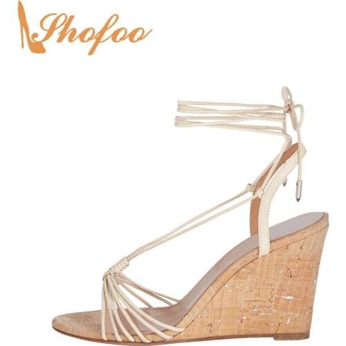 Whits Cork Women Sandals High Wedge Heels Open Toe Narrow Band Lace Up Large Size 13 16 Ladies Summer Fashion Sexy Shoes Shofoo