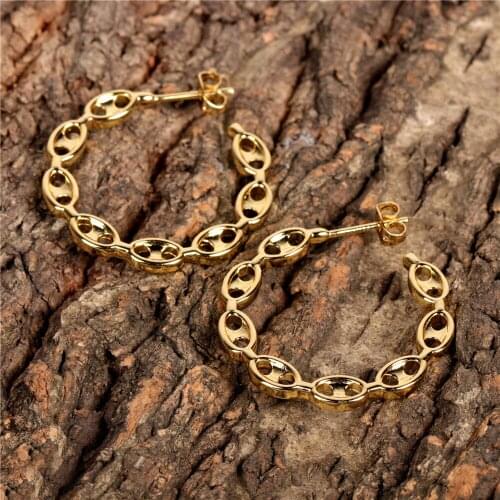 EYIKA Punk Geometric Pig Nose Chain Stud Earrings Hollow Smooth Copper Metal C Shape Circle Earring Women Hip Hop Party Jewelry