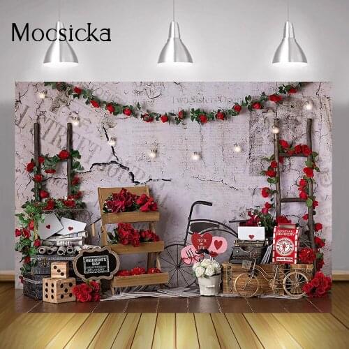 Valentines Day White Brick Rose Wall Backdrop Bicycle Romantic Valentines Portrait Background for Photography Photo Studio