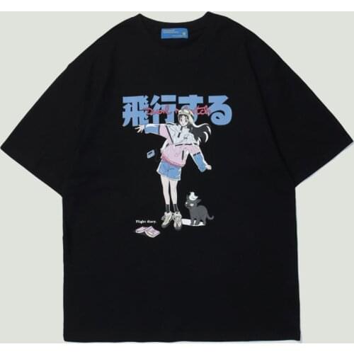 Hip Hop Cartoon Girl Cat Japanese Kanji Printing T-Shirt Mens Streetwear Harajuku 2021 Summer Short Sleeve T Shirts Couples Tops