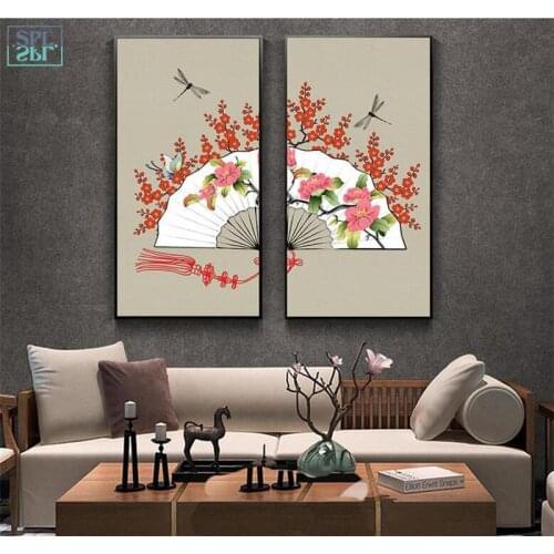Classical Chinese Fan Ink Painting 2 Pieces Retro Plum Crane Animals Home Decor Wall Art Picture for Bedroom Canvas Print Poster