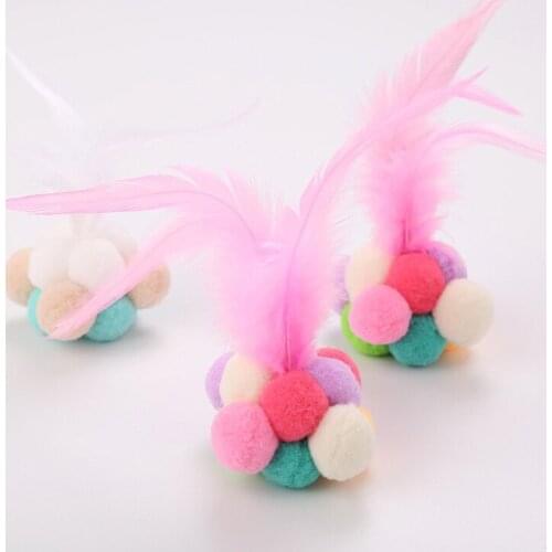 Handmade Bells Bouncy Balls with Feather Cat Playing Toy Interactive Toys for Kittens Sound Bouncing Pets Puppy Supply Built-In
