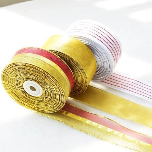 2Yard 38 mm Stripe Snow Ribbon Gift Packaging Gold Edge Silk Ribbons Christmas Wedding Party Decor DIY Apparel Sewing Fabric