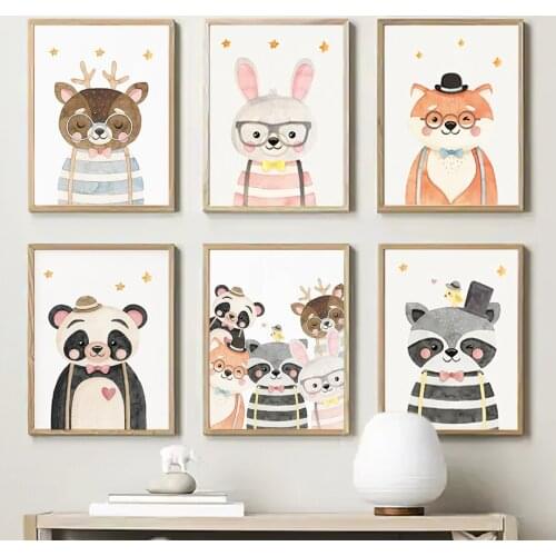 Fox Rabbit Bear Raccoon Panda Deer Wall Art Canvas Painting Nordic Posters And Prints Animals Wall Pictures Kids For Room Decor