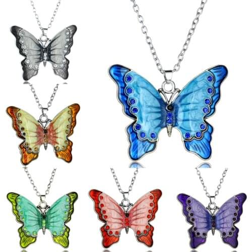 Fashion Crystal Rhinestone Butterfly Pendant Necklace Chain Women Enamel Animal Charm Jewellery Gifts Pink Blue