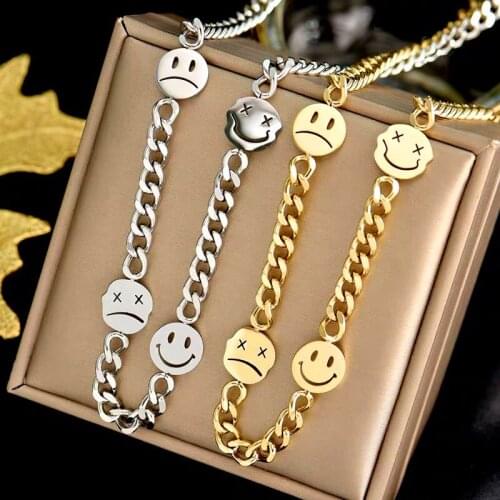 Fashion Jewelry Korean Rotating Smiley Street Couple Double Face Expression Stainless Steel Necklace for Women Kpop Pendant