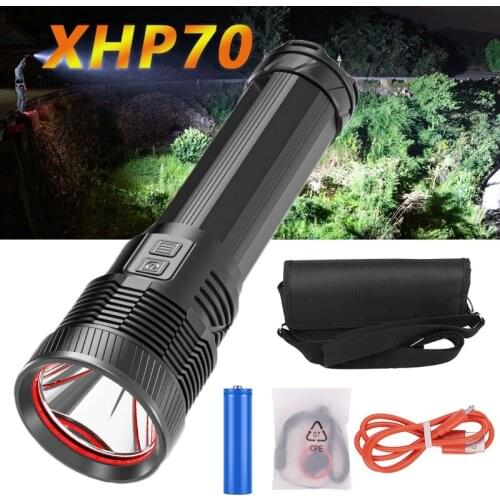 Powerful LED Flashlight XHP70 Torch Portable Strong Outdoor Searchlight USB Zoomable Waterproof Tactical Torch with Strap Bag