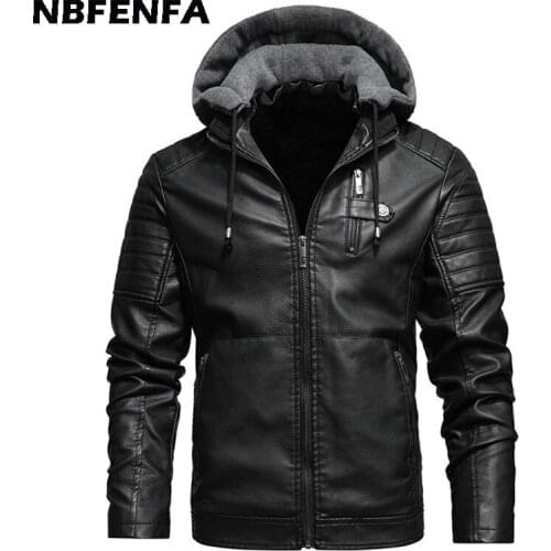 Men PU Leather Jackets Hooded Coat Fleece Winter Windbreaker Male Mens Clothing Biker Motorcycle Jacket Vintage Outwear LX126