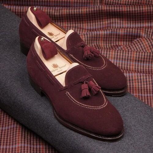 Mens Suede Shoes Low-heel Dress Shoes Spring Burgundy Tassel Moccasin Shoes Retro Classic Men Casual Zapatos De Hombre HL039