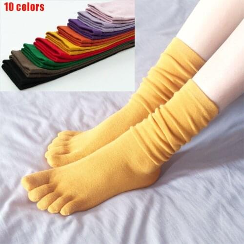 Women Long Tube Five Fingers Toe Socks Spring Autumn Cotton Casual Harajuku Purple Black Solid Color Calf High Slouch Stockings