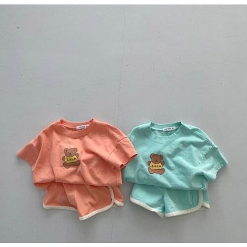 Toddler Baby Boy Girl Summer New Casual Clothes Set Cotton Cartoon Bear Pattern Printed T-shirt + Soft Solid Shorts Pant 2pcs