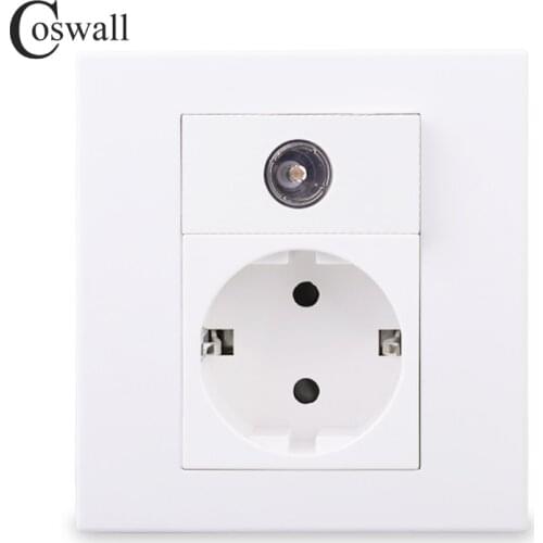 Coswall PC Panel EU Russia Spain Wall Socket + 1 Gang Female TV Jack Television Connector White Color Modular 86*86mm