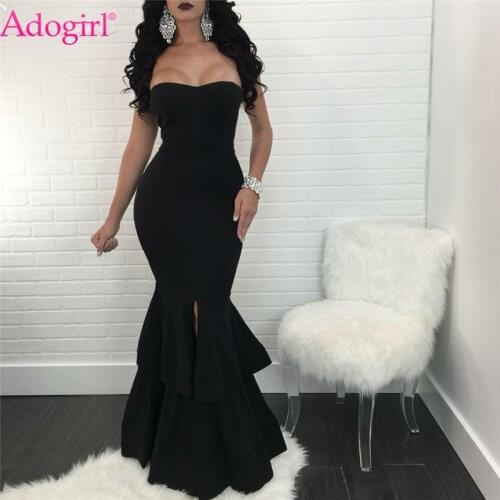 Adogirl Strapless Mermaid Dress Front Slit Cascading Ruffle Hem Bodycon Maxi Evening Party Dresses Elegant Women Formal Dress