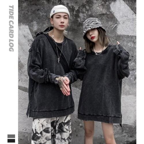 Autumn Winter Products Water Wash Black Solid Color Guard Round Collar Loose Long-sleeved Ribbed Men Women Couples Wearing Tops