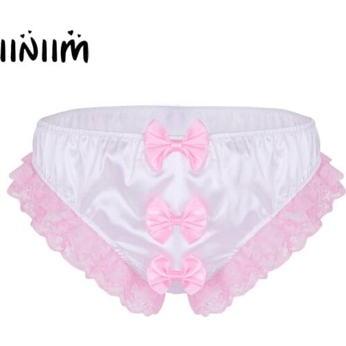 Mens Sexy Lingerie Underwear Jockstraps Shiny Ruffles Lace Slip Homme Bowknots Sissy Gay Male Panties Stretchy Briefs Nightwear