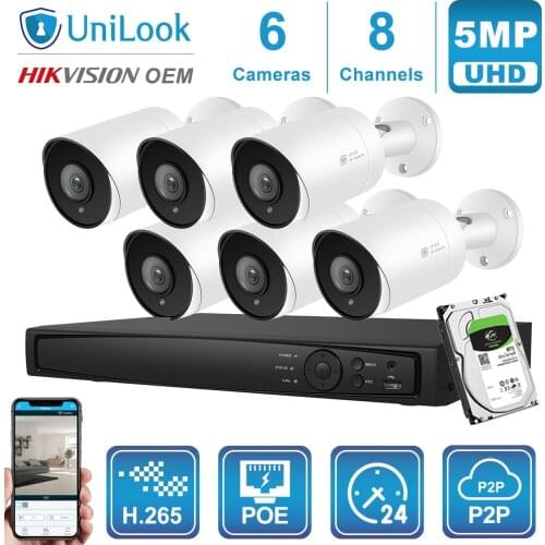 UniLook 8CH NVR 4/6/8Pcs 5MP Bullet POE IP Camera NVR Kit Security System Hikvison OEM Onvif H.265 Night Vision NVR Kit P2P View