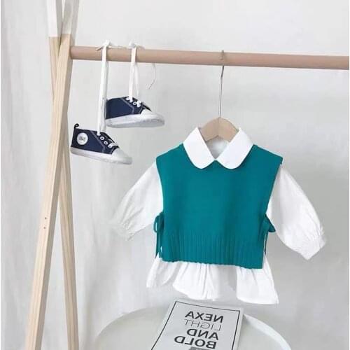 Spring And Autumn Girls' Round Neck Knitted Vest Lace-up Outer Wear Childrens Baby Pullover Loose Vest Kids Knitted Sweater